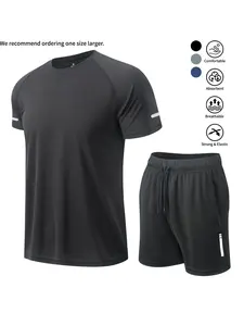2/6-piece set Men's Summer Training Sport Set, Quick-Dry Short Sleeve T-Shirt & Shorts, Outdoor Beach Surfing, 2/pcs or 6/pcs, Sporty Style