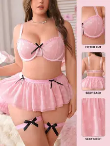 Valentine's Day Mesh Sexy Animal Plus Size Lingerie Set, Sweet Cute Bra + Short Skirt Pants + Leg Rings X2, Fit Fashion Casual Accessory Gift