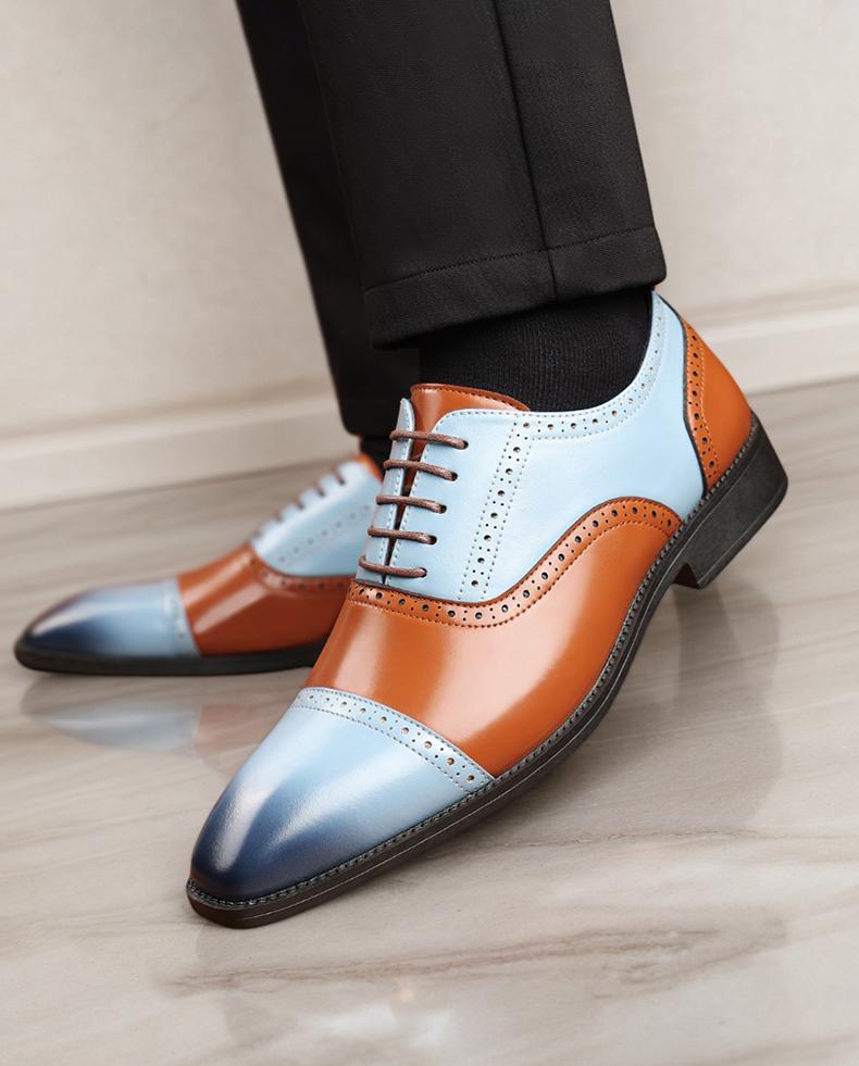 Men's Two-Tone Gradient Brogue Oxford Dress Shoes, Blue & Brown Formal Leather Shoes30820