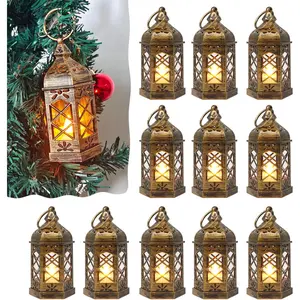Mini Lantern Decorative, 12 count Small Lanterns with LED Candle, Ramadan Decorations, Hanging  Moroccan Lantern Bulk for Easter Wedding Xmas Party Table Centerpiece, Brushed Brass
