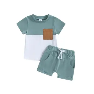Toddler Baby Boys Summer Outfit 6 12 18 24 Months 2T 3T Short Sleeve Contrast Color Tops + Solid Color Drawstring Shorts Clothes Set