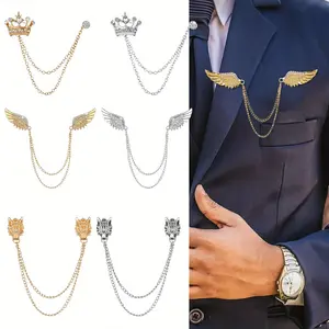 6 Pcs Elegant Metal Tassel Chain Brooch Collar Pins, Wings Wolf Head Crown Fashion Lapel Suit Shirt Tuxedo Accessories, Suitable for Office, Wedding, Anniversary