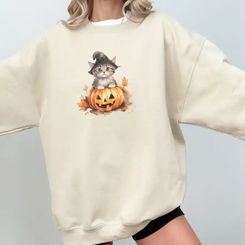 Cute Halloween Cat Pumpkin Sweatshirt, Witch Kitty Graphic Crewneck, Cozy Fall Spooky Season Shirt, Halloween Gift for Cat Lovers, Unisex Pullover