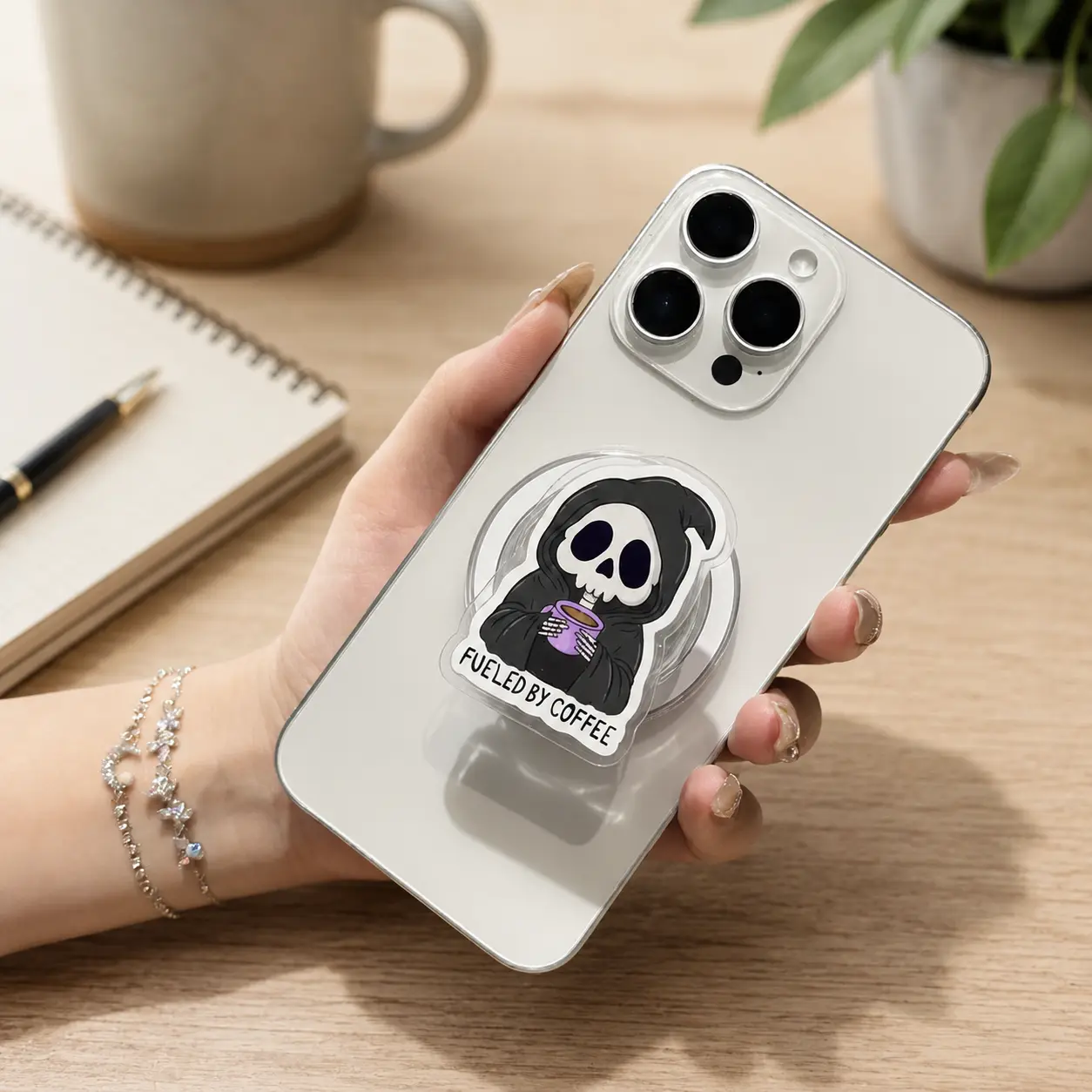 Spooky Cute Grim Reaper MagSafe Phone Grip Fueled By Coffee Magnetic Kindle Grip Funny Skeleton Acrylic Phone Holder