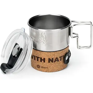 Alocs Camping Mug - Stainless Steel Travel Coffee Mug - Camping Coffee Mugs with Foldable Handle - 10 oz Camping Cup with Lids - Portable Travel Mug for Outdoor Backpacking Hiking Climbing Climbing