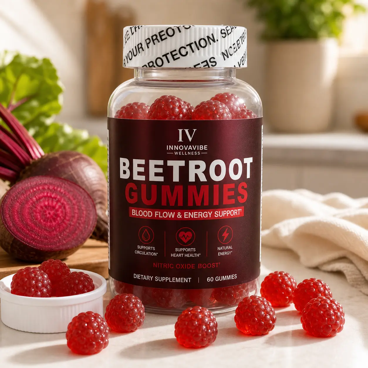 INNOVAVIBE Naturally Derived Beetroot Edible Vitamin Supplement Gummies - for men & women 60 Berry-Flavored Chewable Dietary Supplements with Antioxidants for Daily Energy, Healthcare Support