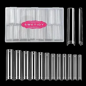 504Pcs No C Curve 3XL Extra Long Square Nail Tips for Acrylic Nails Professional, SWETIDY Clear Straight Flattened Half Cover False Nails Tips with Case for Nail Salons and Home DIY, 12 Sizes