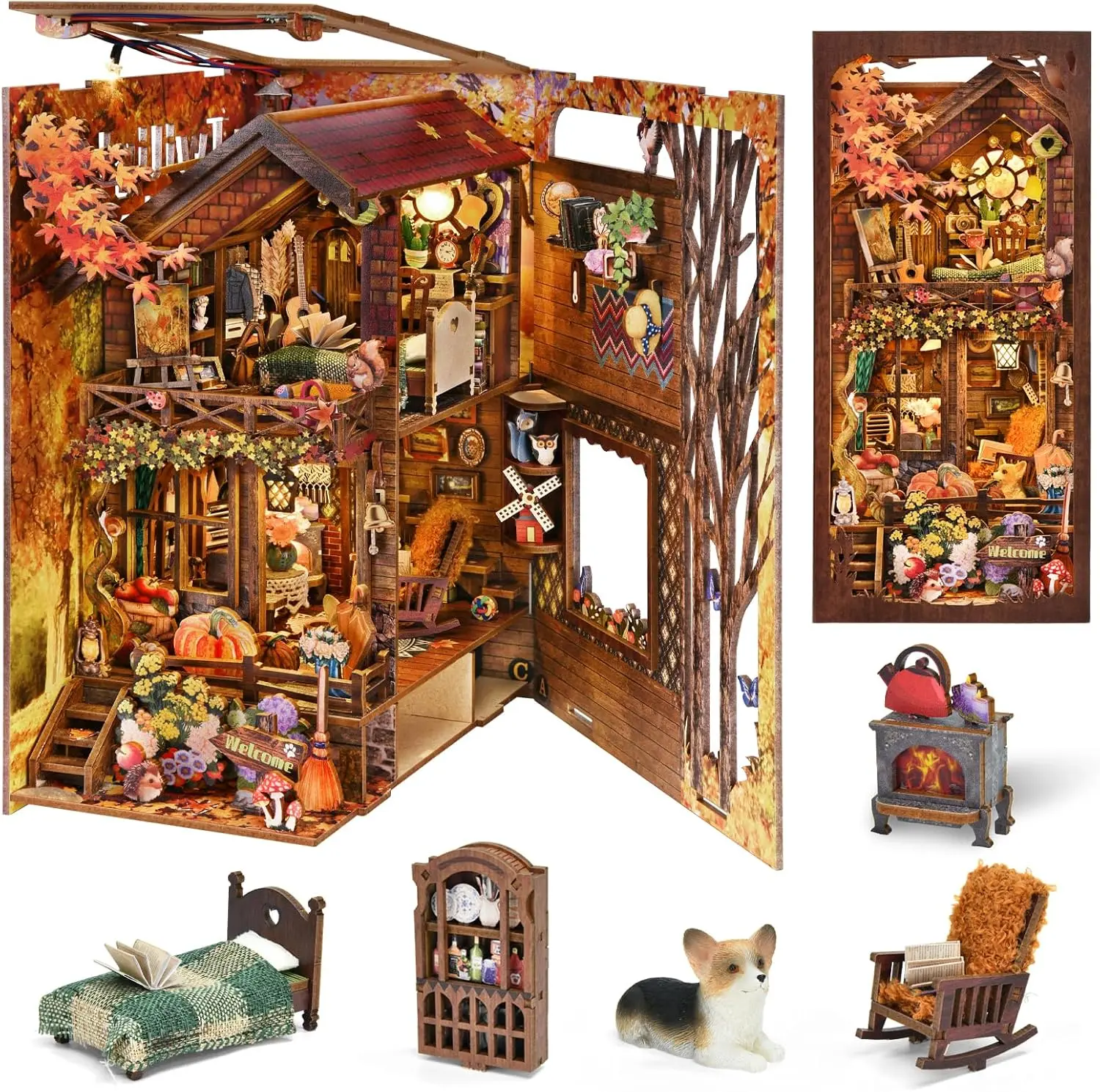 Book Nook Kit, Booknook Kits for Adults and Teens, DIY 3D Wooden Puzzle Bookend Miniature Dollhouse Kit Bookshelf Decor Alley Build Model with LED Light insert decor