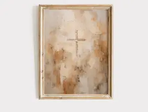 Abstract Modern Christian Art Cross Artwork Print of a vintage Cross Painting with a beige abstract background Unframed