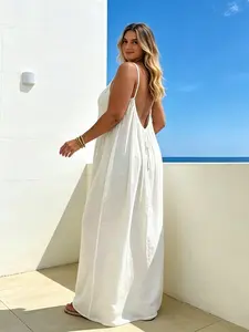 Plus Size Backless Strap Sleeveless Long Dress, Spaghetti Strap, Thin Straps Big Back Design, Loose Drape Fit, Lightweight, Summer, Perfect for Beach Vacation & Casual, Casual Fashion Dress, Womenswear