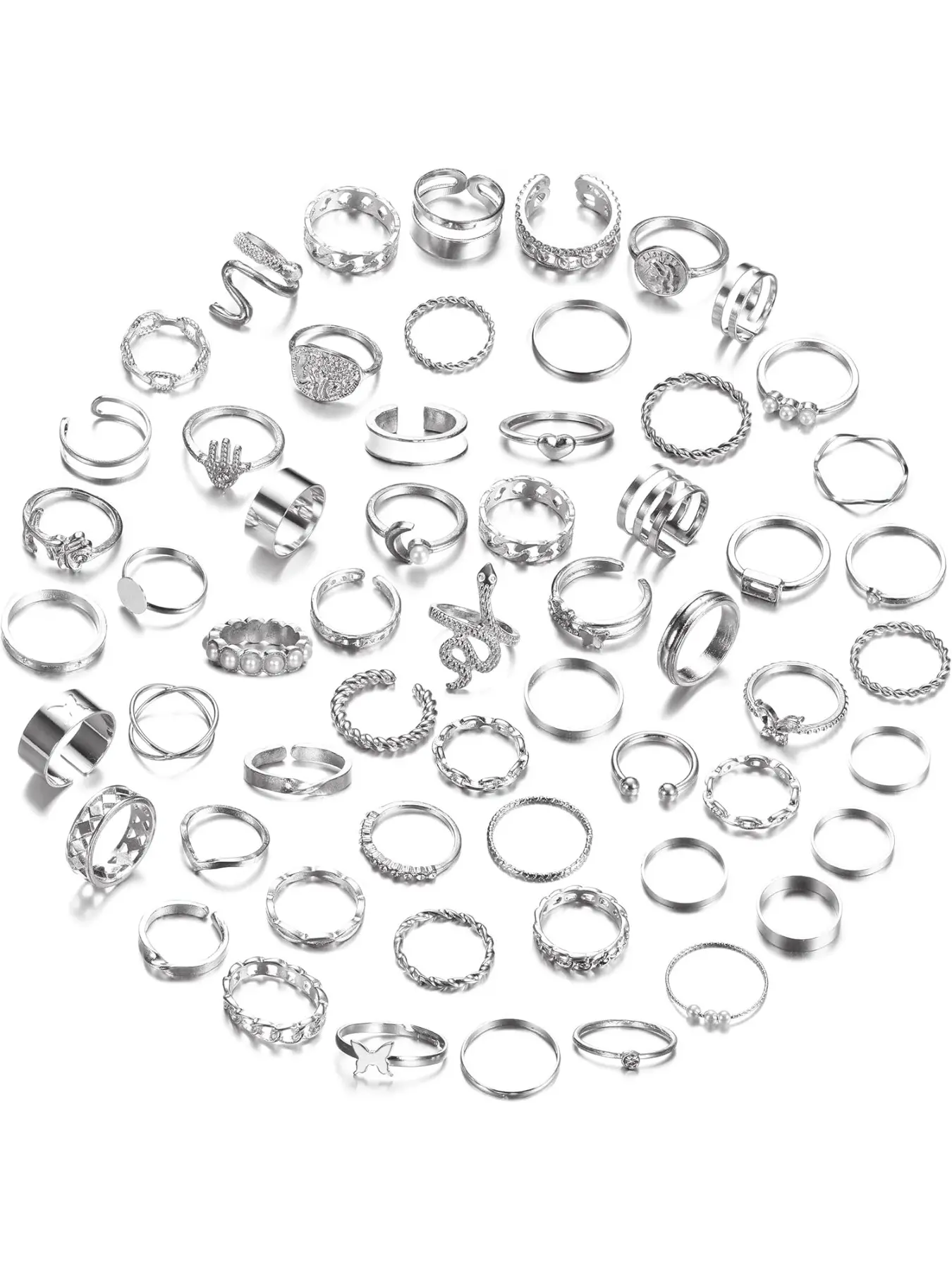 58 PCS Vintage Knuckle Ring Set for Women Bohemian Fashion Jewelry Rings Stackable Rings Stackable Joint Finger Rings Stacking Butterfly Snake Hollow Carved Crystal Midi Silver/Gold Rings Pack for Gift