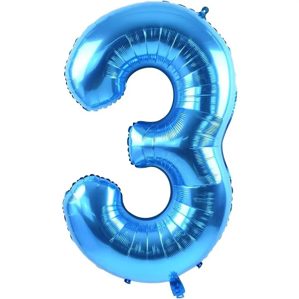 40-Inches High Self-Standing Blue Foil Mylar Number 3 Balloon, 0-9 Digital Design Festive Decor, for Birthday, Bridal Shower, New Years Eve Party Supplies