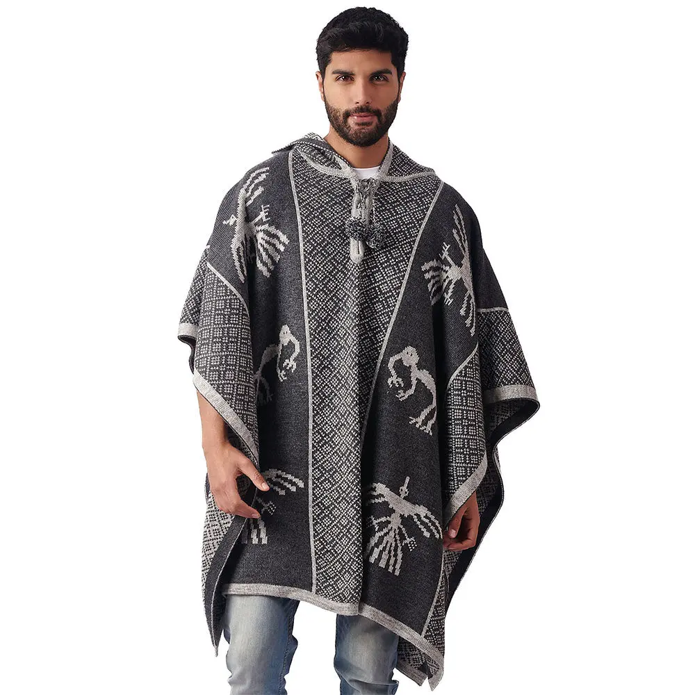 Alpaca Wool Hooded Poncho Unisex Nazca Lines