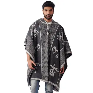 Alpaca Wool Hooded Poncho Unisex Nazca Lines
