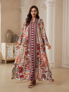 Middle East New Printed Embellished Ramadan Women's Loose Long Robe, Dubai Style Evening Kaftan Abaya Dress, Elegant All over Print