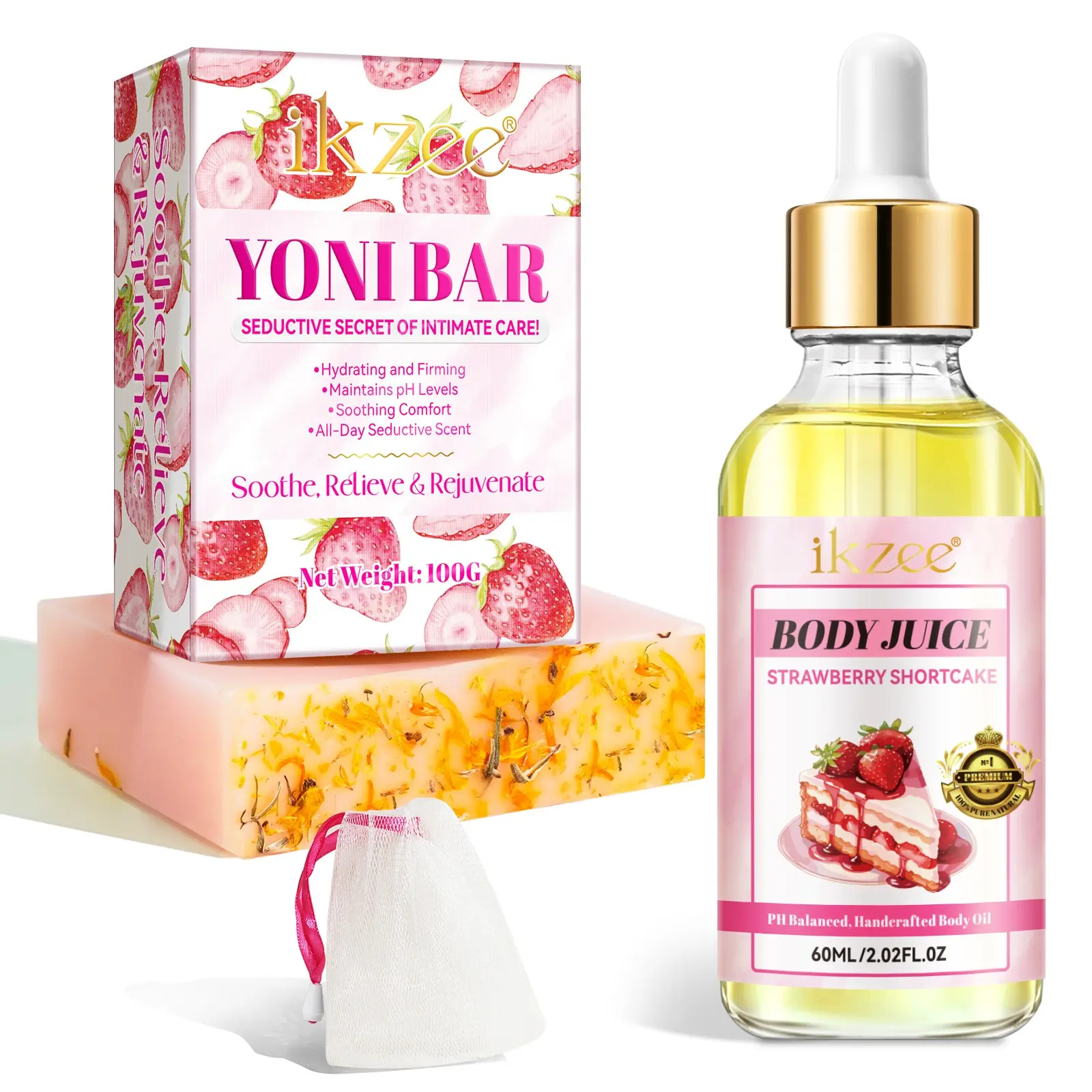 2counts Strawberry Private Essential Oil and Soap Set, Bath Cleansing and Body Care Essence for Personal Hygiene, Nourishing Skin Treatment, Scent