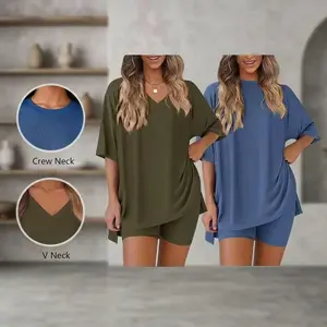 Women's Summer Casual Oversized Two-Piece Set |Crewneck Split Hem Shirt & Side Pocket BikerShorts Minimalist Lounge Wear Soft Viscose FabricComfy Homewear Pjs