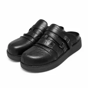 Men's black buckle strap platform mules, chunky slip-on clogs, vintage pleated design