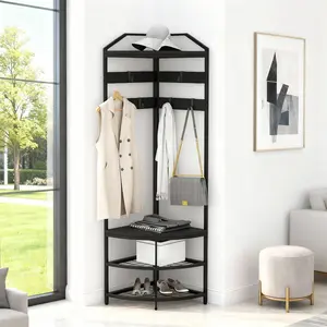 4-in-1 Entryway Coat Rack with 4 Storage Shelves & 6 Hooks, Corner Hall Tree with Shoe Bench, Freestanding Clothes Rack Shoe Organizer for Bedroom, Home Office, Space-Saving Storage for Bedroom