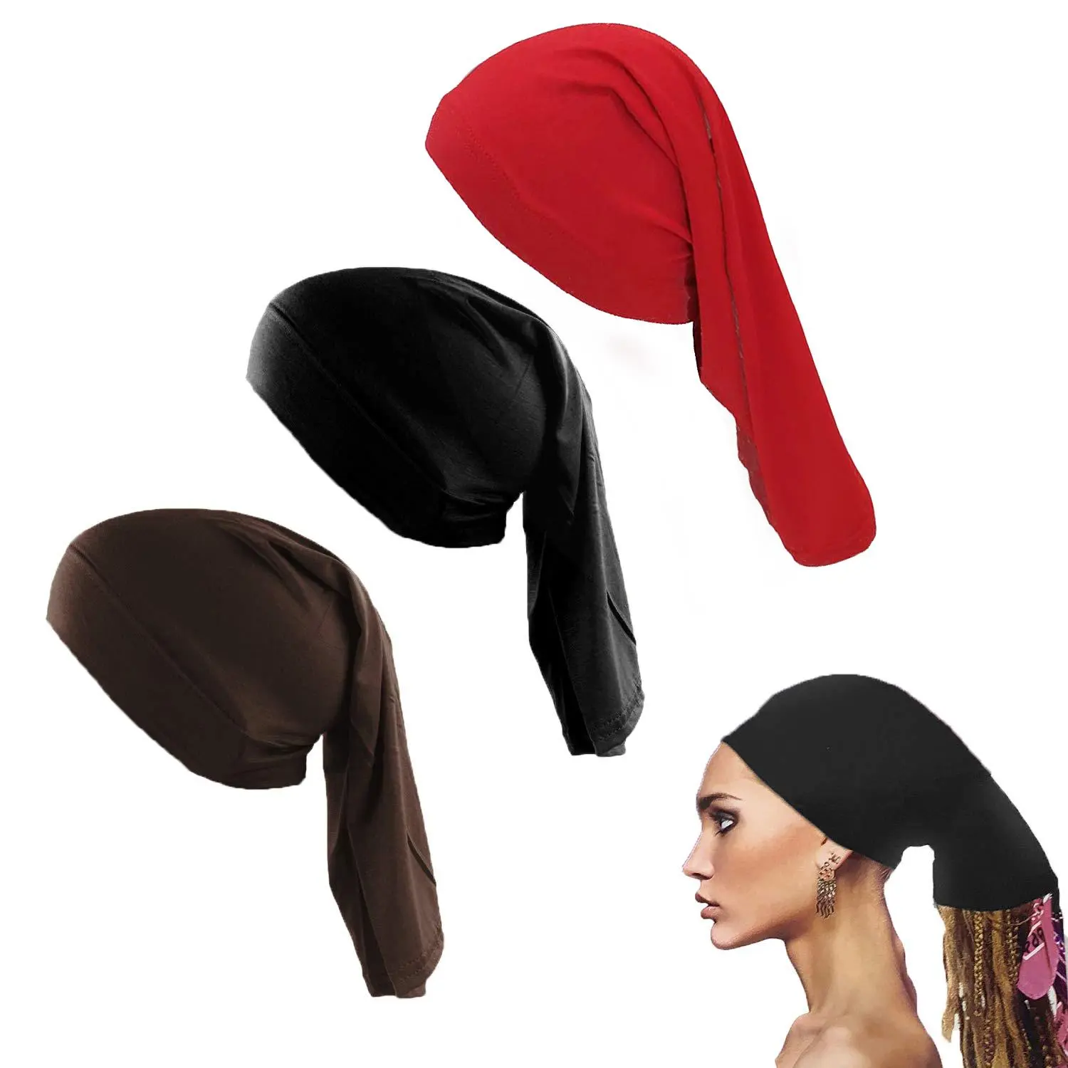 [Summervibes] 3 Pcs Satin Lined Cap,Compatible for Dreadlock & Long Braid Tube Sock,Full Cover Hair Stocking Night Sleep Bonnet,Soft Breathable Elastic for Women Men,Hand Tools Kits