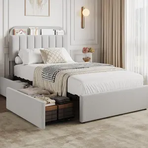 Garvee Twin Bed Frame with Storage Headboard and 2 Drawers, Boucle Upholstered Platform Bed with Bookcase, No Box Spring Needed, Easy Assembly, Dark Grey