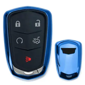 iJDMTOY For 2015-up Cadillac ATS CTS CT6 ELR XTS XT5 SRX Escalade Chrome Finish Blue TPU Key Fob Protective Cover Case (Please Verify Your Actual Key Before Buying)
