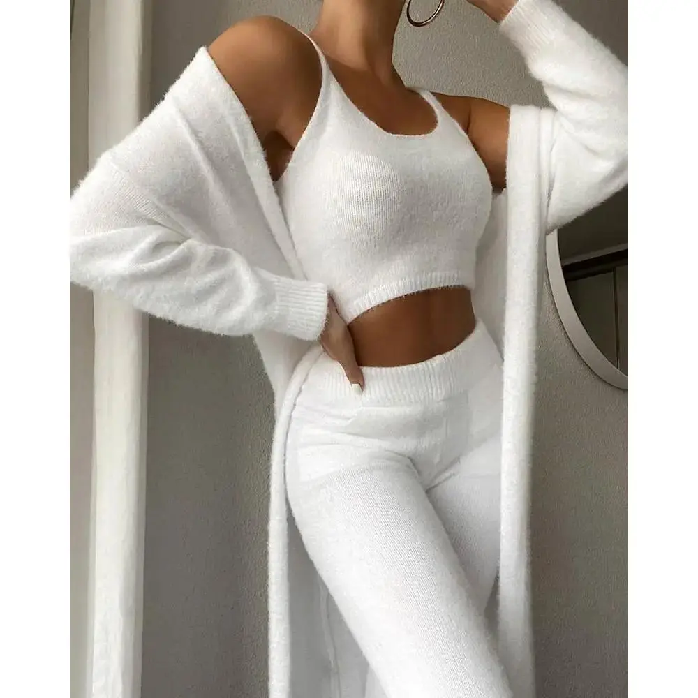 Fall Winter Fashion Women Sweater Pajamas Set Cozy Lounge Wear Fuzzy Fleece Sleepwear with Robe 3 Pieces Lounge Wear Sets