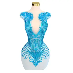 Handmade Luxury Beaded Rhinestone Applique Bodice Trim for Bridal Prom Evening Dress Decoration DIY Clothing Accessories V Neck Embroidered Mesh Tulle Noble Style