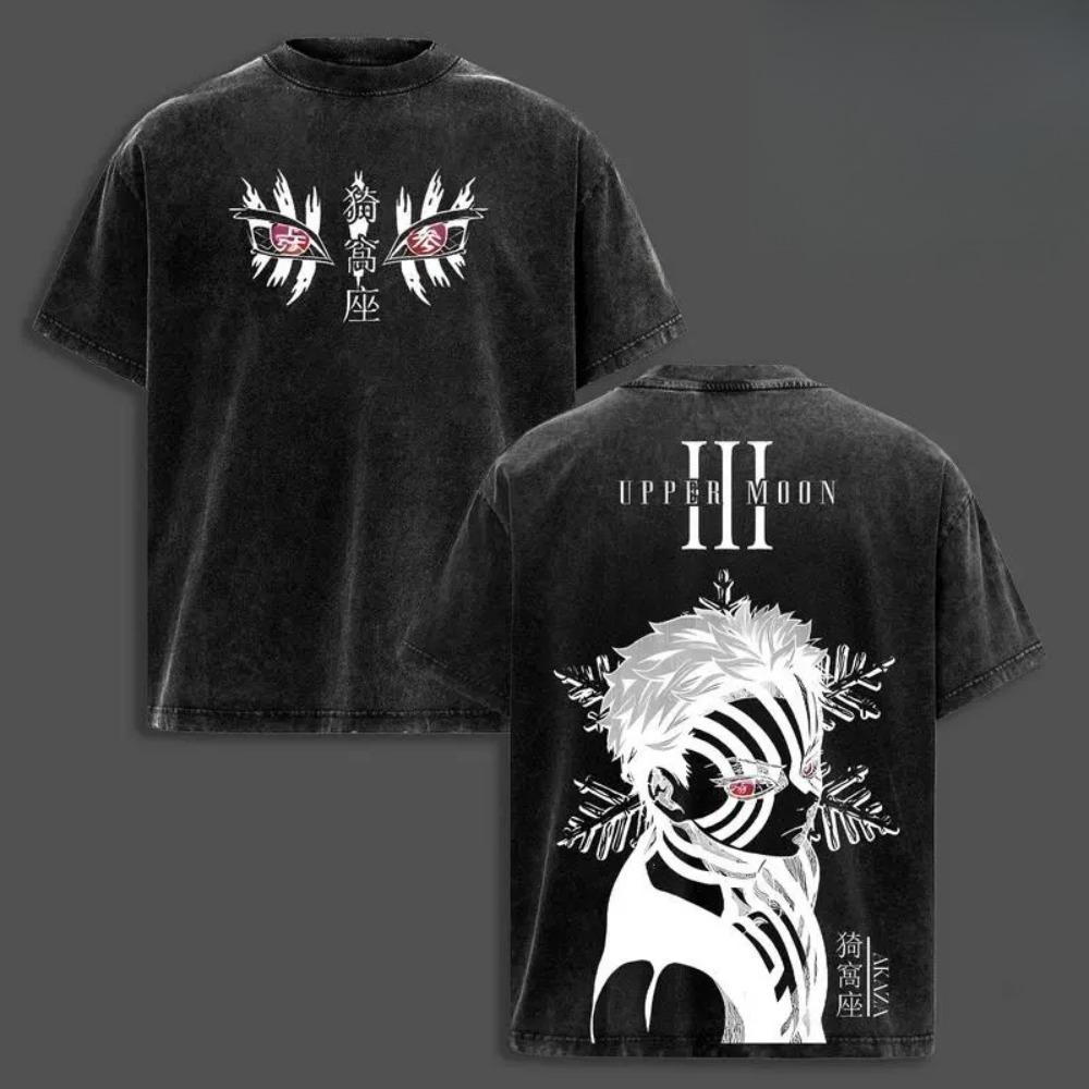 Akaza Upper Rank 3 Graphic Tee Vintage Washed Oversized Shirt Manga Villain Demon Slayer Cotton T-Shirt for Truck Lovers Unisex Casual Crewneck Top Menswear Fashion Essential