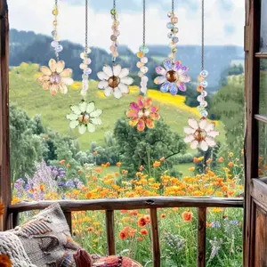 Set of 6 Crystal Flower Hanging Ornament Suncatcher, Rainbow Maker Window Sun Catcher Indoor Outdoor Patio Garden Decor