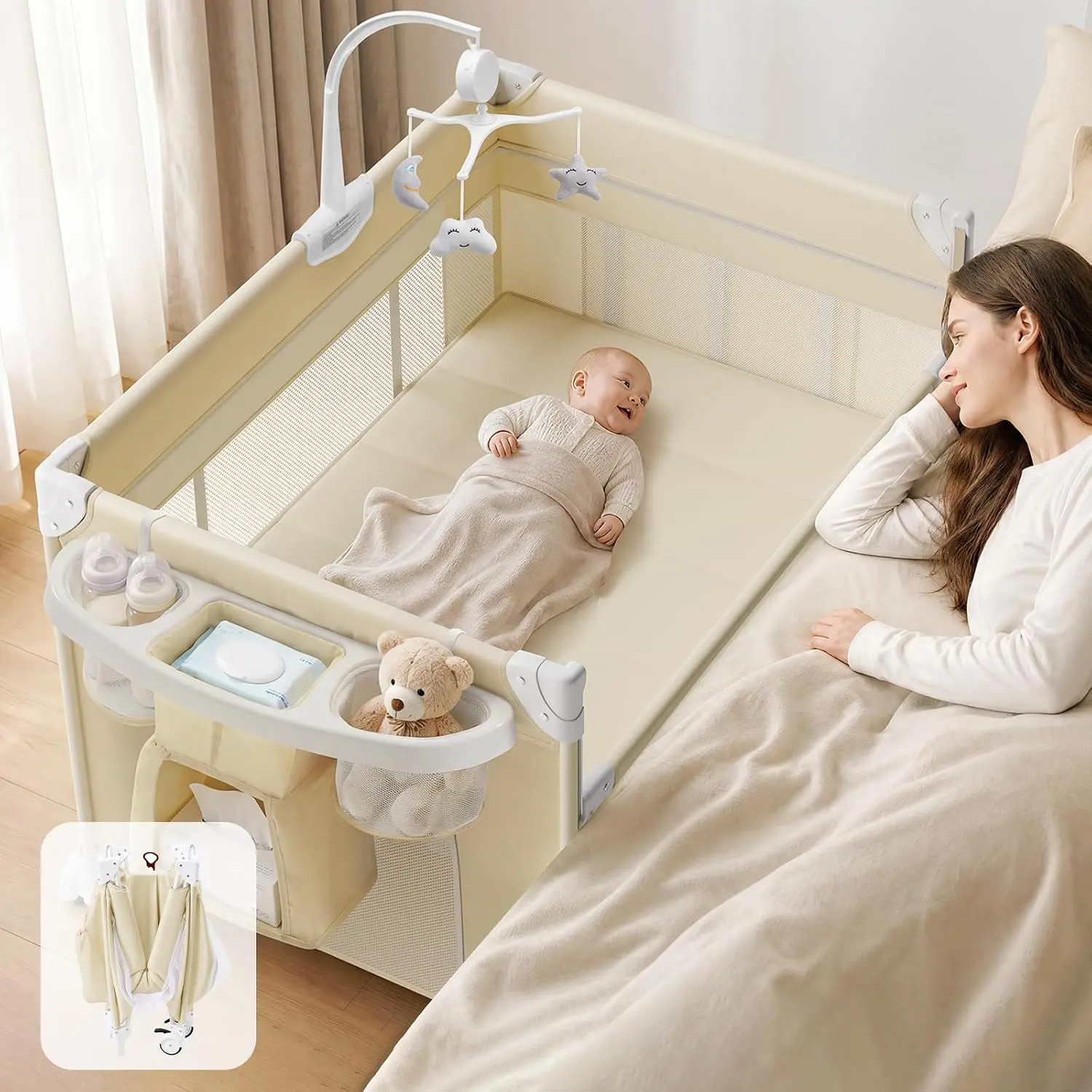 4 in 1 Baby Bassinet, Portable Bedside Crib Sleeper, Quickly Assembled Crib with Diaper Changer, Foldable Baby Playard with Mattress and Wheels for Newborn to Toddler,