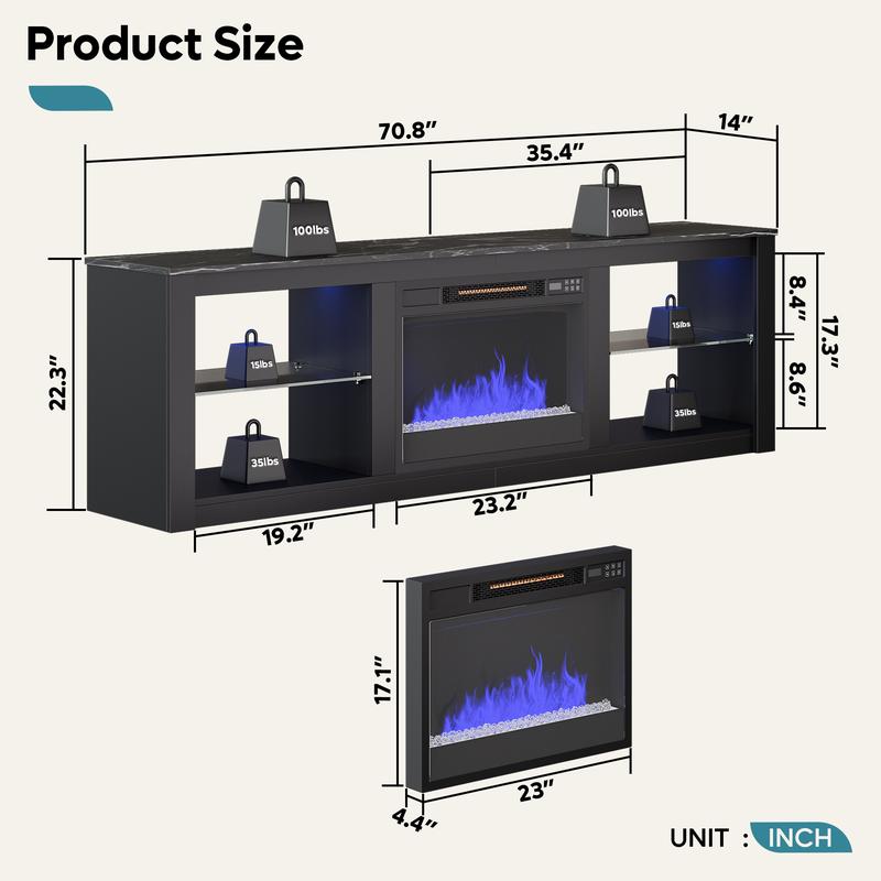 Bestier 70-inch Fireplace TV Stand with RGB Lights, Adjustable Glass Shelves & Remote Control