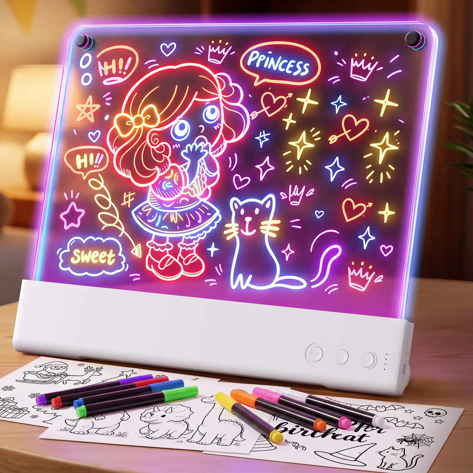Rechargeable LED Drawing Board for Kids - Dynamic Animation Light-Up Dry Erase Tablet with Detachable Washable Acrylic Screen, 5 Brightness Levels, Stencils, Birthday Christmas Gift