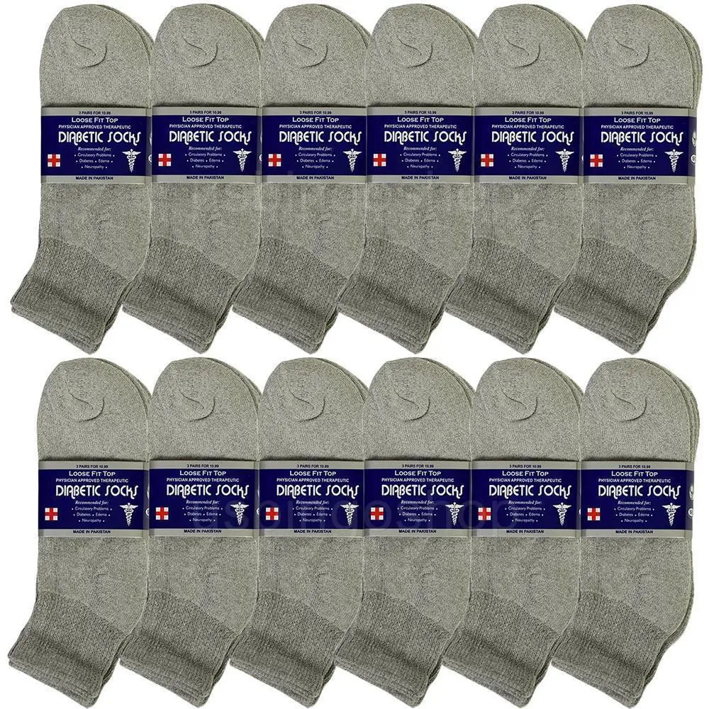 12 Pair Gray Men Cotton Circulatory Loose Fit Quarter Ankle Diabetic Socks 10-13 Menswear Knit Elastic