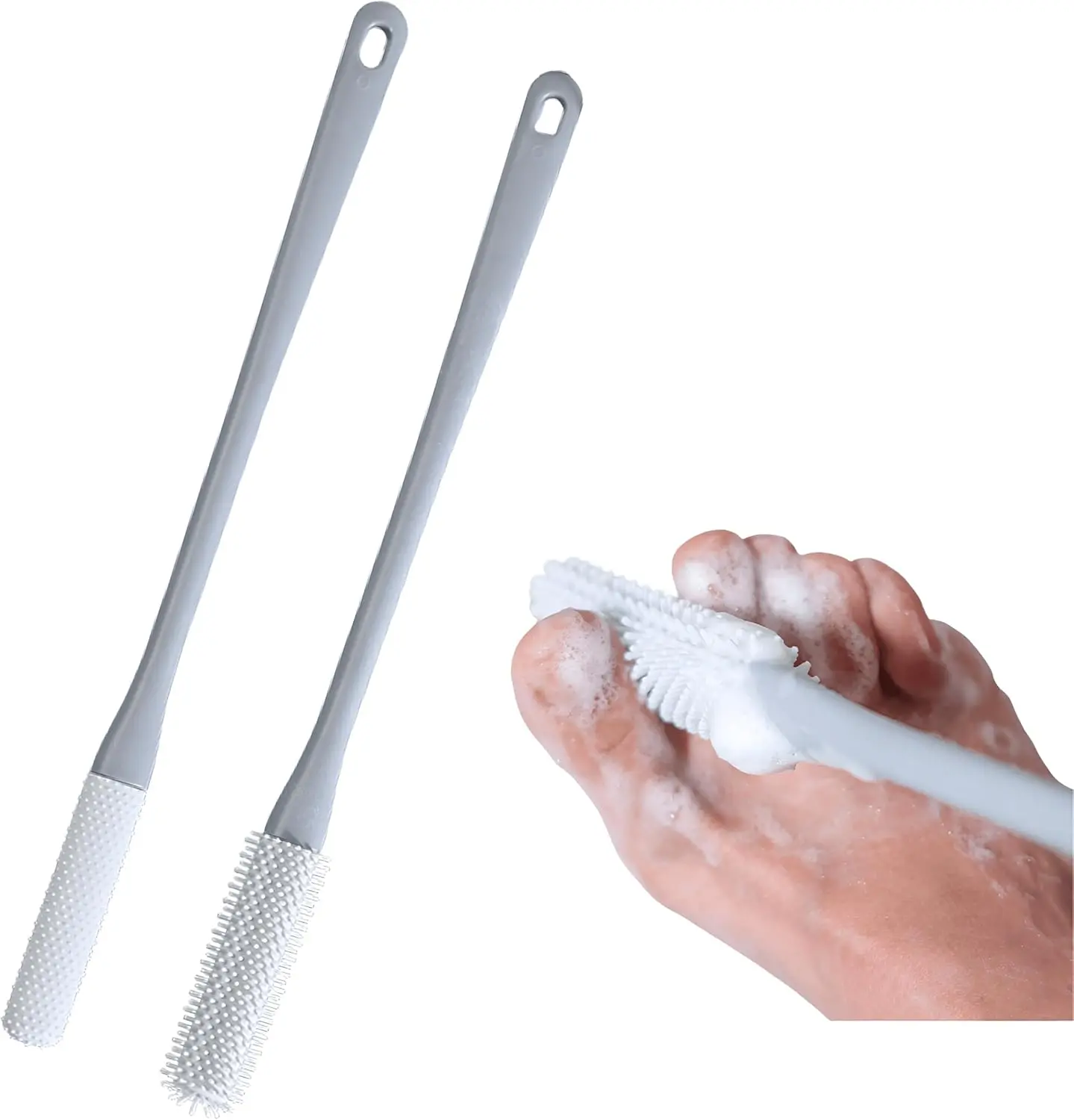 2-Pack Grey Toe Cleansing Brush with 15.7" Long Handle, Anti-Itch Exfoliating Foot Scrubber, No-Bending Home Supply for Seniors, Party Bag Gift Option