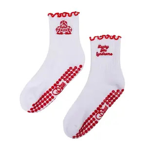 Lucky Girl Grip Socks with Dice Embroidery Red Grips for Pilates Flow White & Red Design