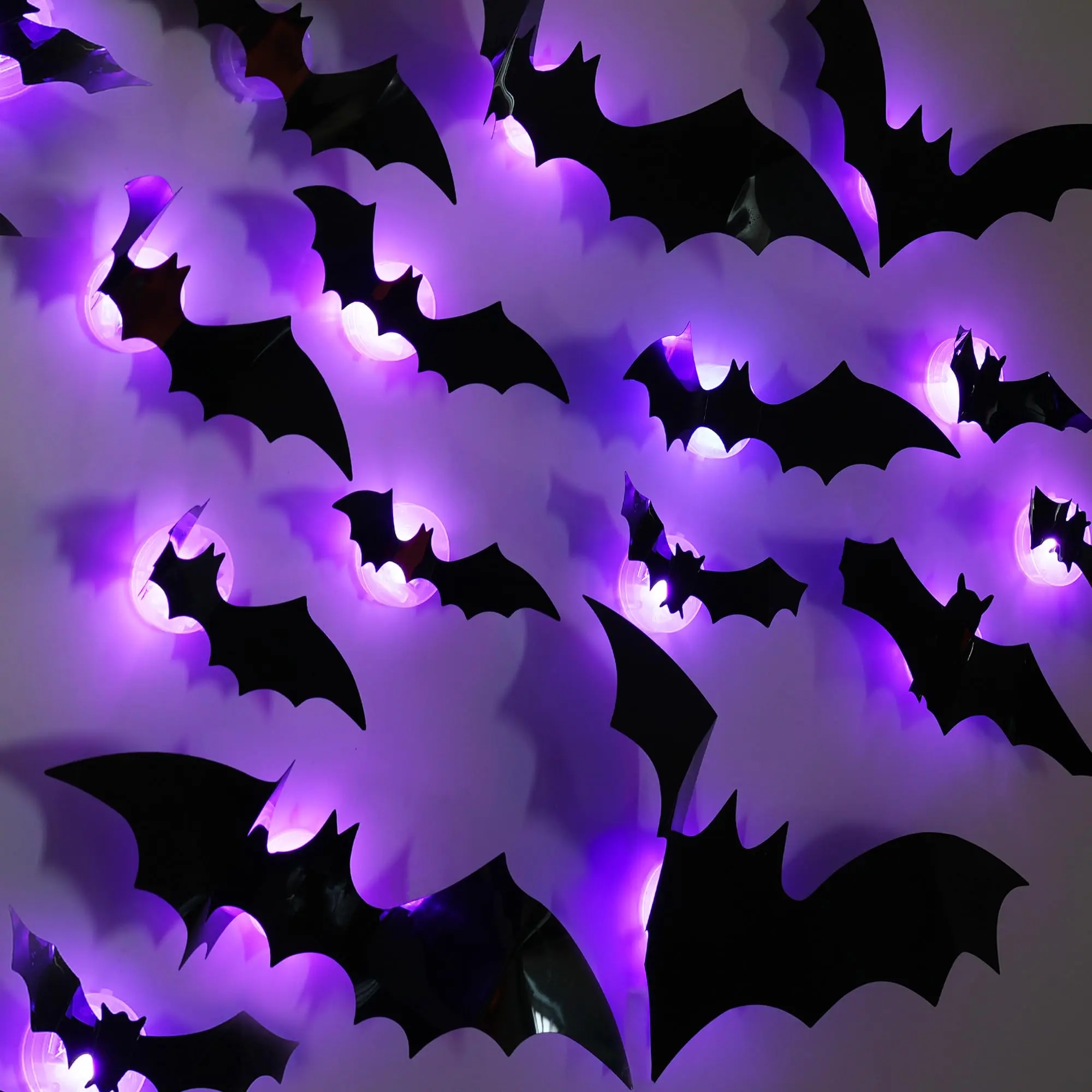 36 Pcs Halloween Bats & Spider LED Lighted 3D PVC Wall Decor Set, Removable Assorted Sizes Vinyl Stickers for Indoor Home Window Party Supplies, Halloween Decor Ornaments