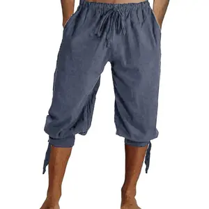 PASLTER Halloween Mens Pirate Shorts Halloween Medieval Renaissance Banded Pants Viking Knicker Colonial Linen Costume