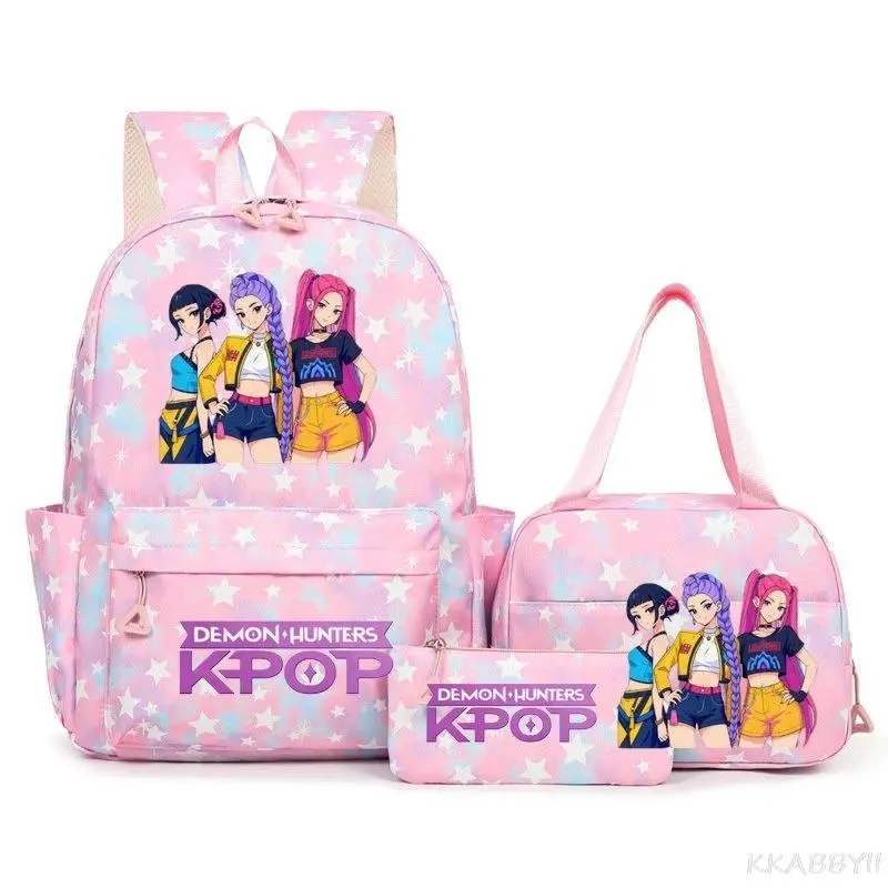 K‑POP Cartoon 3‑Piece Backpack Set, Pink Star Tie‑Dye Zipper School Bookbag with Lunch Tote Bag and Pencil Case for Teen Girls Women