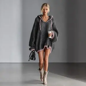 2025 Women's Fashion Color-Block Patchwork Sweater Long Sleeve Hooded Knitwear Sweatshirt Jacket