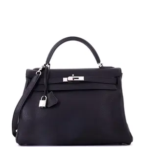 Pre-owned HERMÈS Leather Top Handle Bags Hermes Kelly Handbag Noir Togo with Palladium Hardware 32 by Rebag