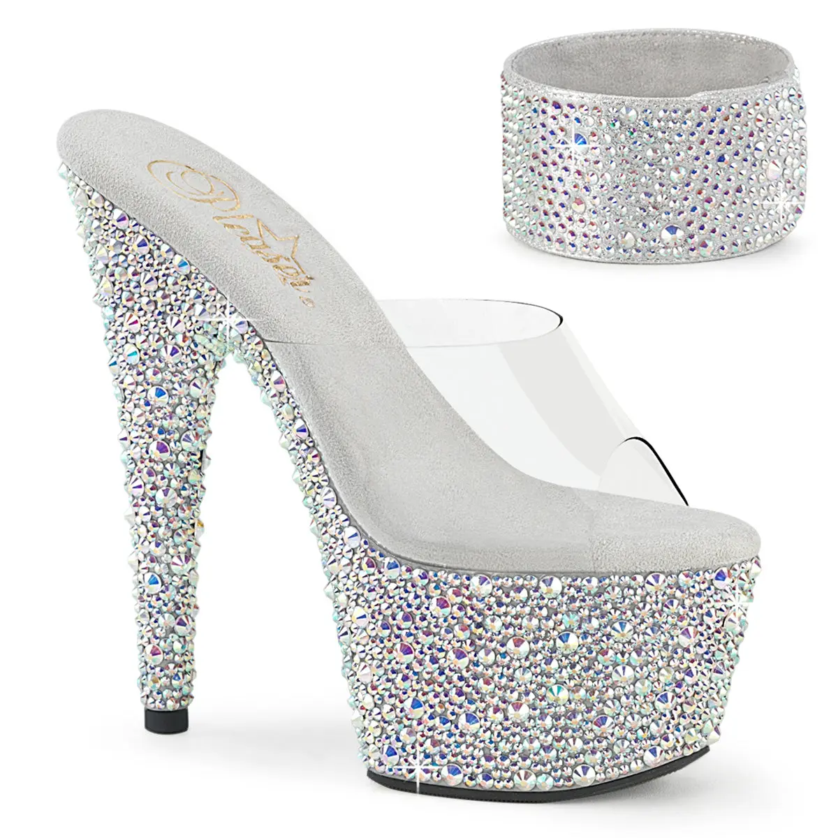 Women's Platform Chunky Heels - Clear/Silver Rhinestone Bejeweled Classy Party Shoes, Chunky Heeled Platform Wedges & Flatform - 712MS Footwear