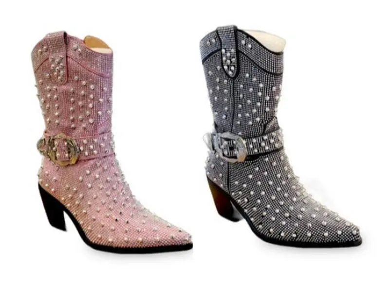Women's Sparkly High Heel Shoes - Western Style Boots with Zipper, Lace, Pink, Silver, Black Footwear, Shoe