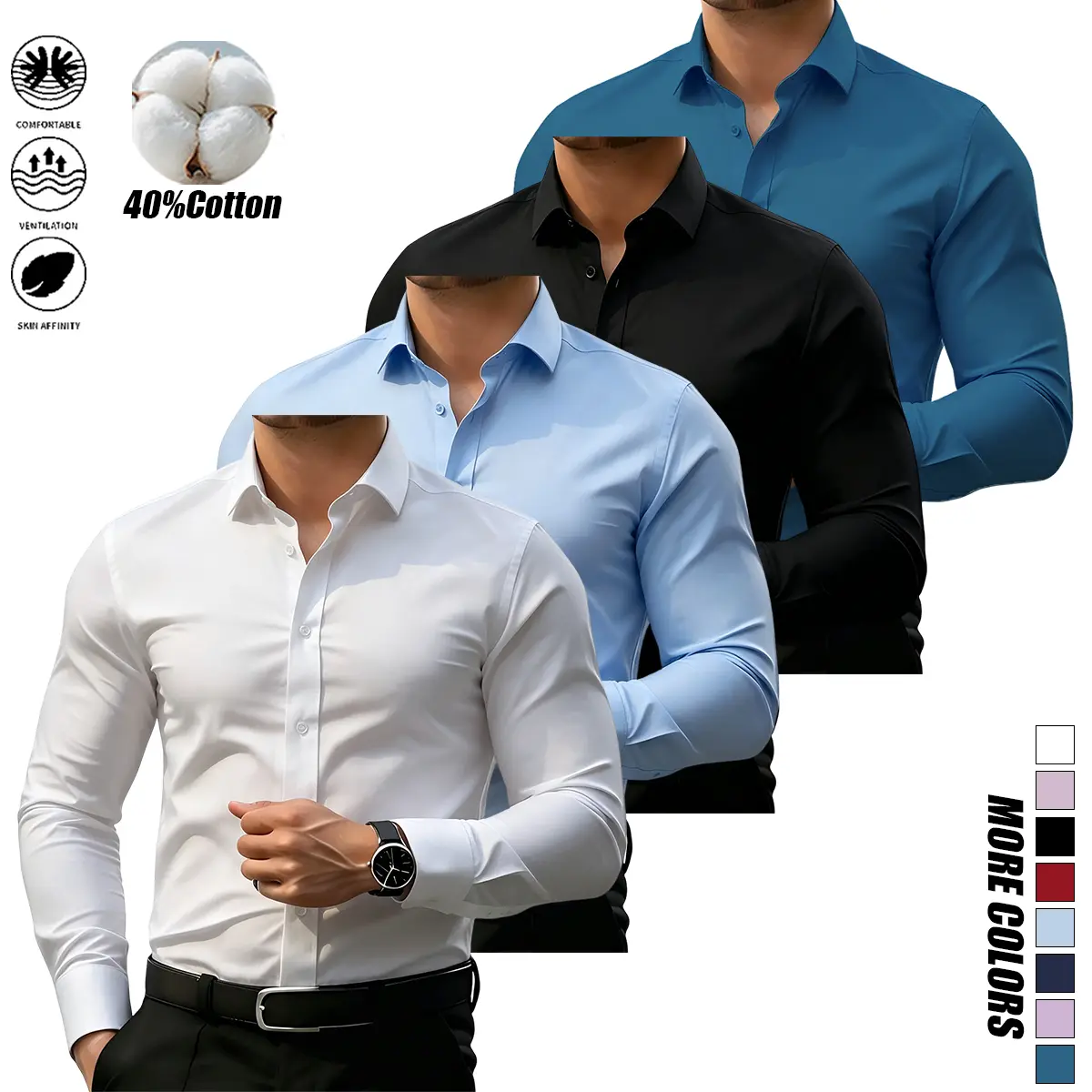 4-pack summer short-sleeve shirts for men—regular fit business/professional work shirts with a turn-down collar, short sleeves, button front closure; business casual style; solid color, soft, smooth fabric; suitable for everyday summer outings and commuti