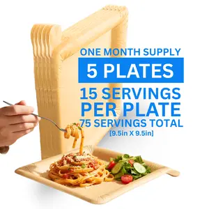Peel Plate [5-Pack] 75 Servings Total [9.5in X 9.5in] - 1 Month Supply of Reusable Paper Plates