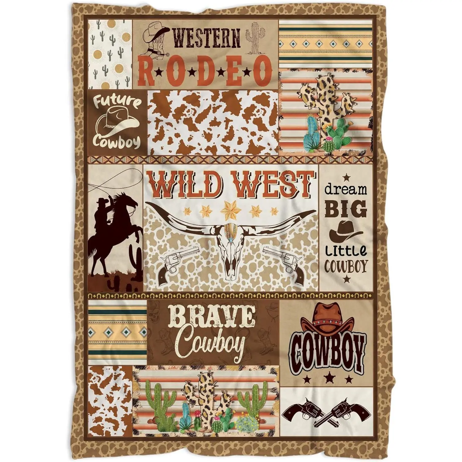 Handcrafted Western Pattern Cowboy Blanket - 30x40in, 40x50in (Kids' Small), Brown/Beige 100% Polyester Microfleece for Boys, Soft, Breathable, Modern, All Seasons, Lightweight, Warm, Machine Washable, Practical