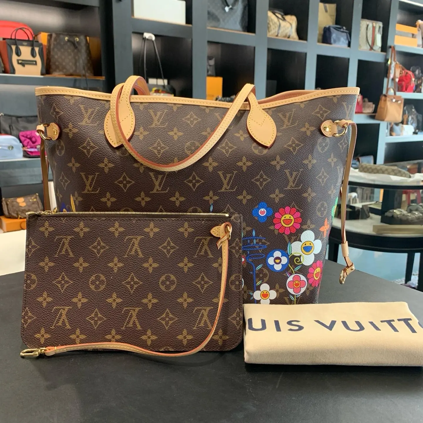 Pre-owned Louis Vuitton x Takashi Murakami Neverfull MM Monogram Cherry Blossom with Pouch XH 23857617