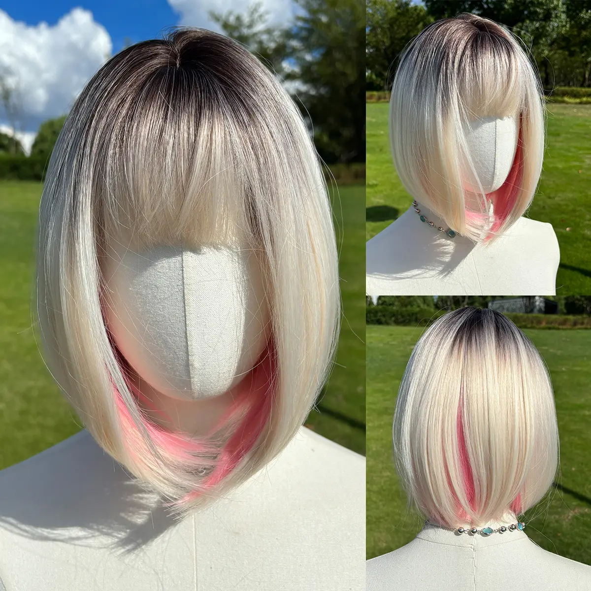 SMILCO/10Inch Highlight Platinum With Pink Curly Straight With Bangs Synthetic Wig/SM541