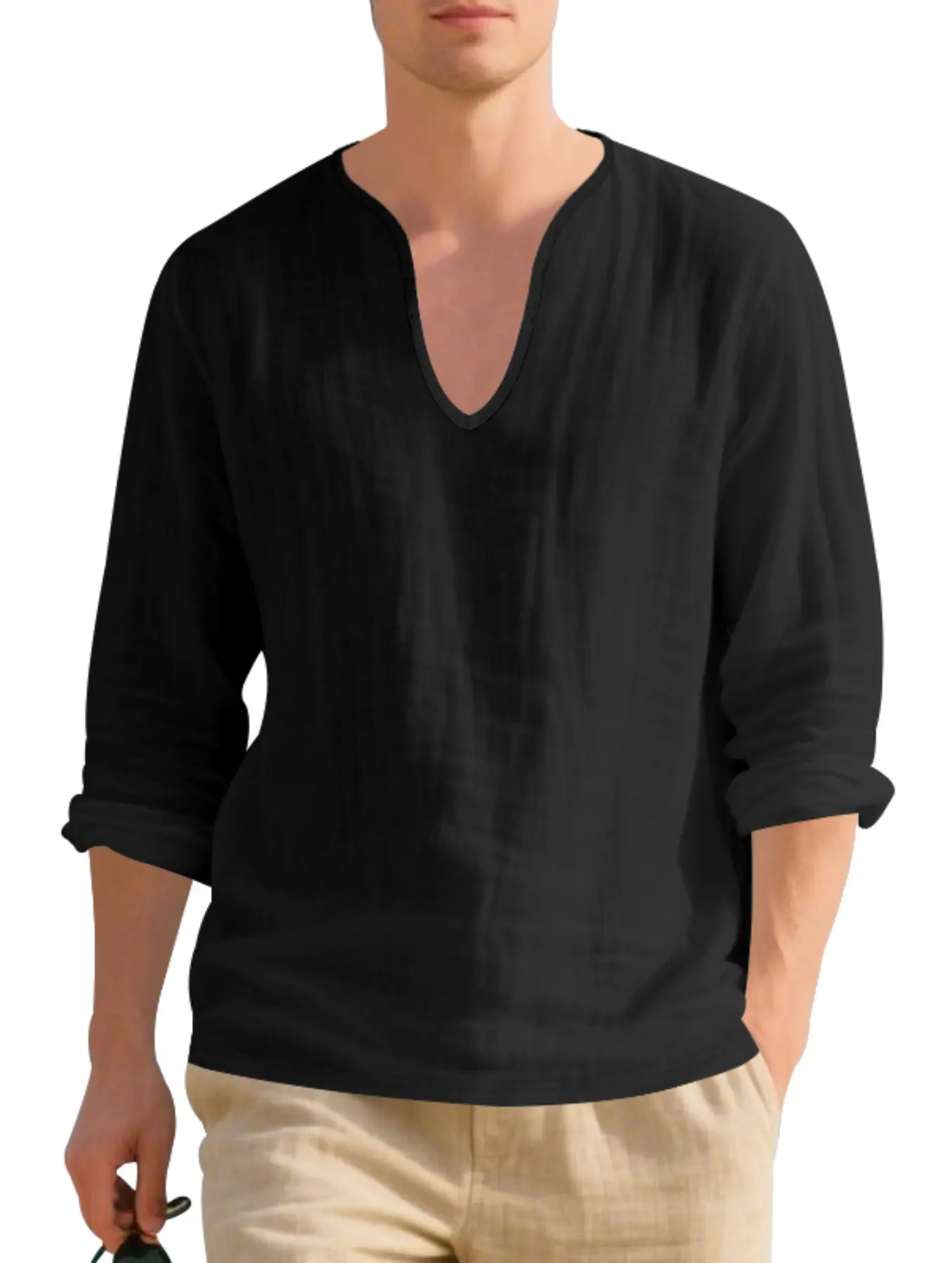 Men's Loose Fit Breathable Linen V Neck Long Sleeve T-Shirt, Casual Fall Fashion, Plus Size Comfortable Tee for Men