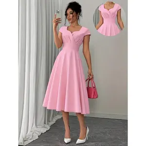 Retro 20th century women's A-line MIDI skirt, V-neck short sleeved, perfect for weddings, parties, dates, and daily wearRAIMENTRY